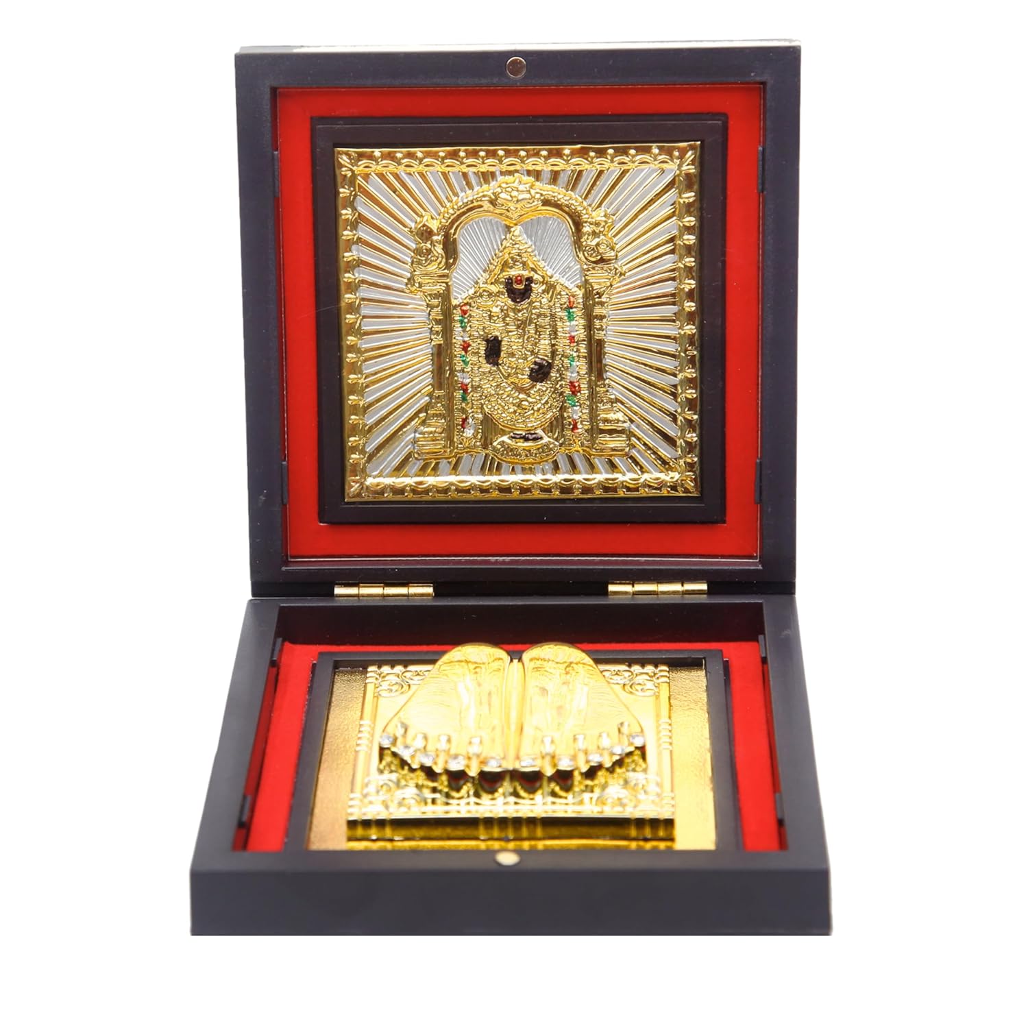 Divine Artz | Tirupati Balaji Pocket Temple | Balaji Pocket Temple Box with Charan Paduka Square Shaped, Gold Plated,1 Piece