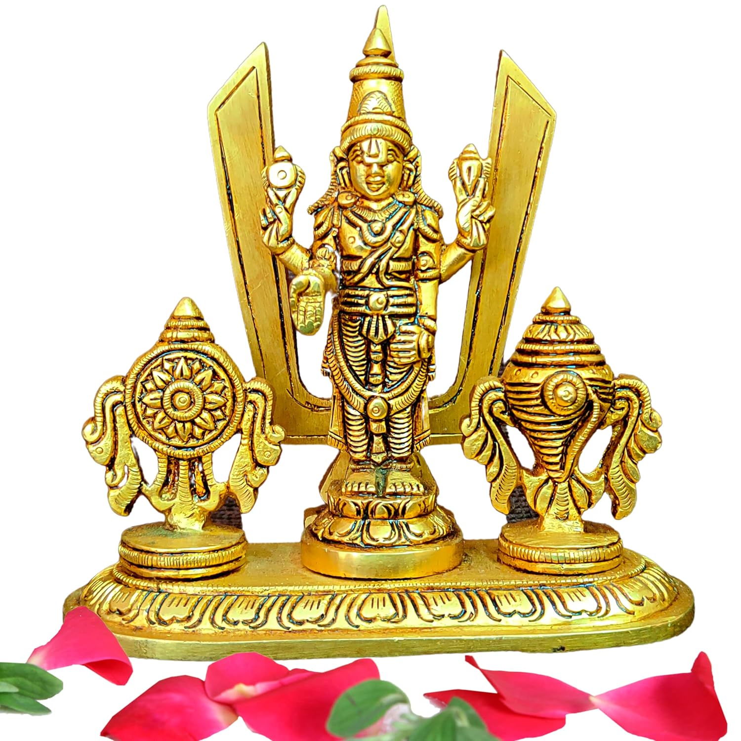 Divine Artz |  Brass Shankh Chakra Stand with Perumal Idol | Sangu Chakram Stand with Tirupati Balaji Idol | Tirupati Balaji Murti Brass, Height 12.5 CM Gold Colour 1 Piece