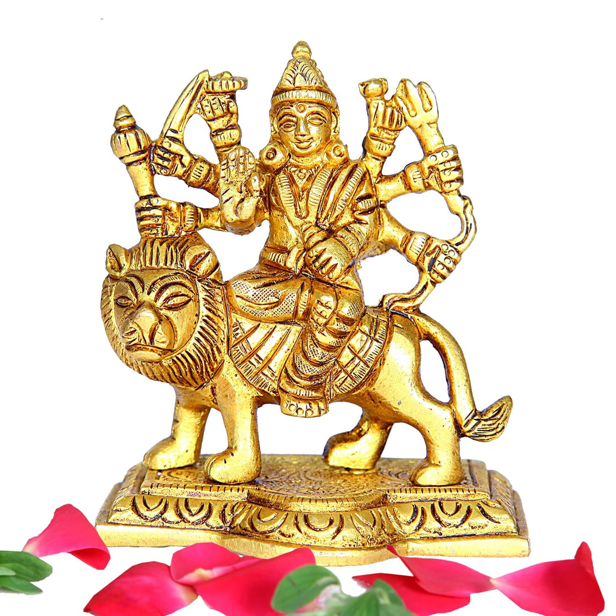 Divine Artz |  Durga Maa Idol Small | Small Maa Durga Idol| Vaah Maa Durga Idol Small | Kolkata Durga Maa Idol Brass, Height 9.5CM Gold Colour 1 Piece