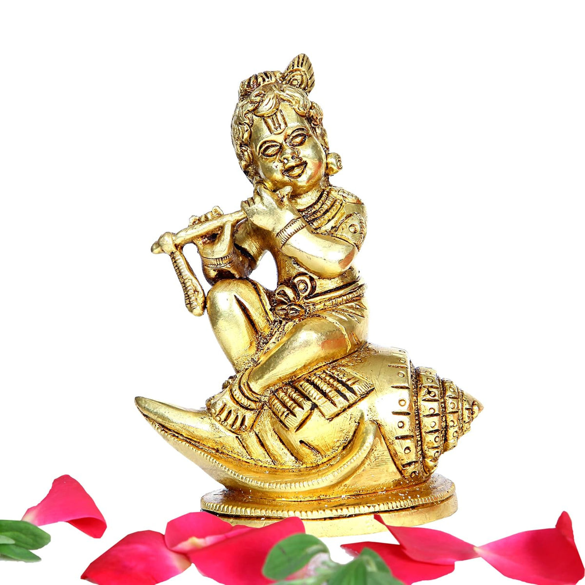 Divine Artz | Shankh Balakrishna Idol Brass | Brass Shank Balakrishna Statue | Shank Krishna Sitting Statue 11.5cm Gold Colour - (1 Piece)