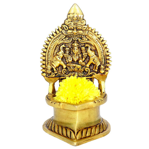 Divine Artz | Premium Gajalakshmi Deepam | Gajalakshmi Deepa | Gajalakshmi Diya | Antique Gajalakshmi Vilakku Brass 14 CM Height, Gold Colour, 1 Piece