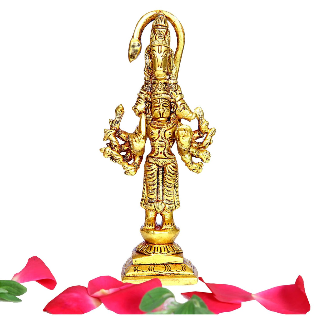 Divine Artz | Panchmukha Hanuman Standing Brass Idol | Standing Panchmukhi Hanuman Brass Statue | Standing Brass Panchmukhi Hanuman 13cm Height, Gold Colour(1 Piece)