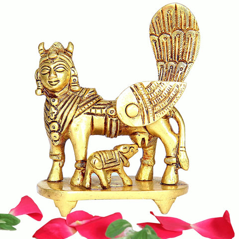 Divine Artz | Kamadhenu Cow Idol Brass | Brass Kamadhenu Cow with Calf | Kamdhenu Cow with Calf Brass | Kamadhenu Brass 10.5 CM Height Brass Gold Colour 1 Piece