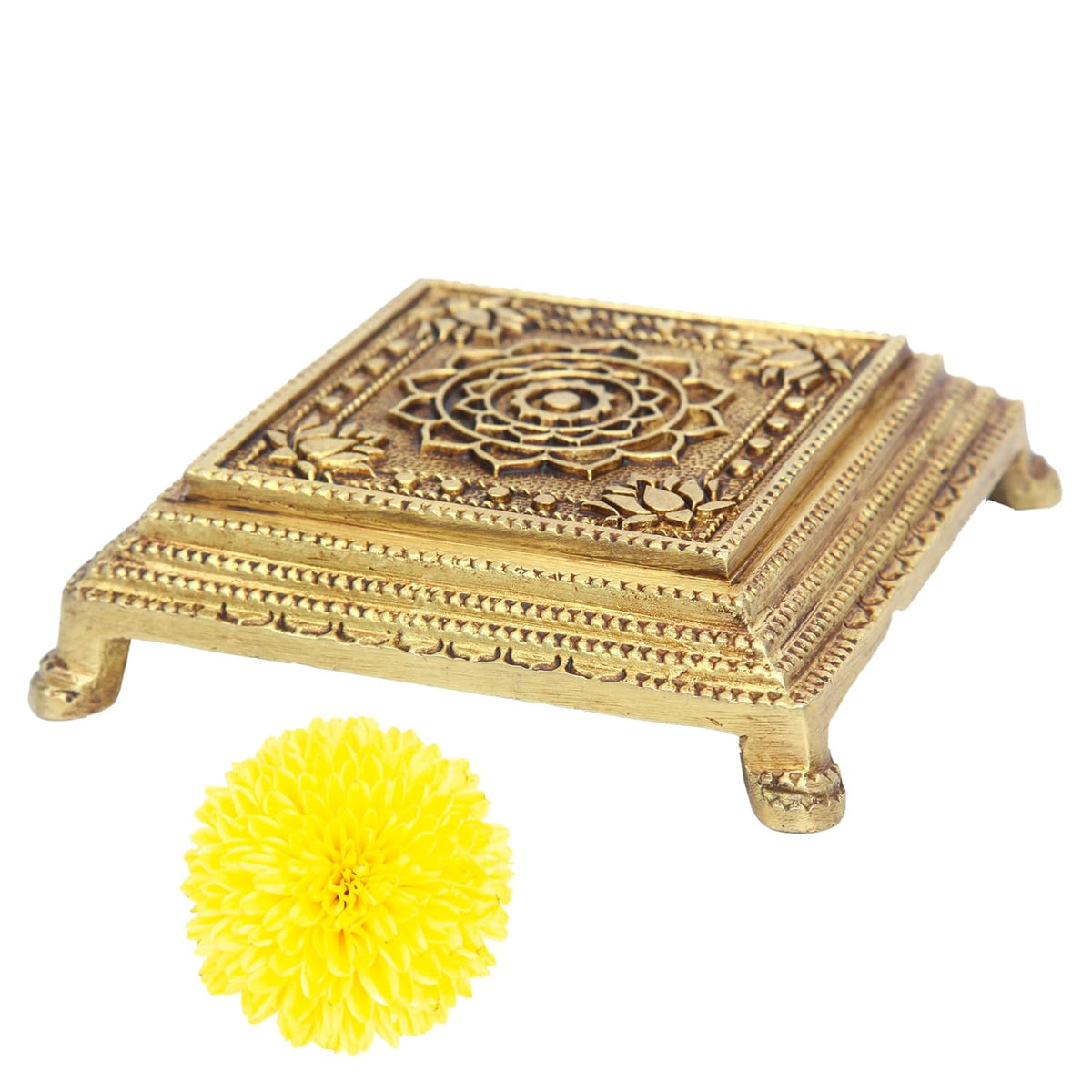 Divine Artz | Brass Pooja Chowki Square with Lotus Design | Sqaure Brass Chowki for Puja, Brass, Gold Colour, 1 Piece (4 Step Chowki)