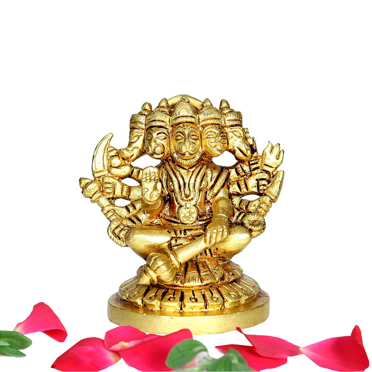 Divine Artz | Panchmukha Hanuman Sitting Brass Idol | Sitting Panchmukhi Hanuman Brass Statue | Sitting Brass Panchmukhi Hanuman 7cm Height, Gold Colour(1 Piece)