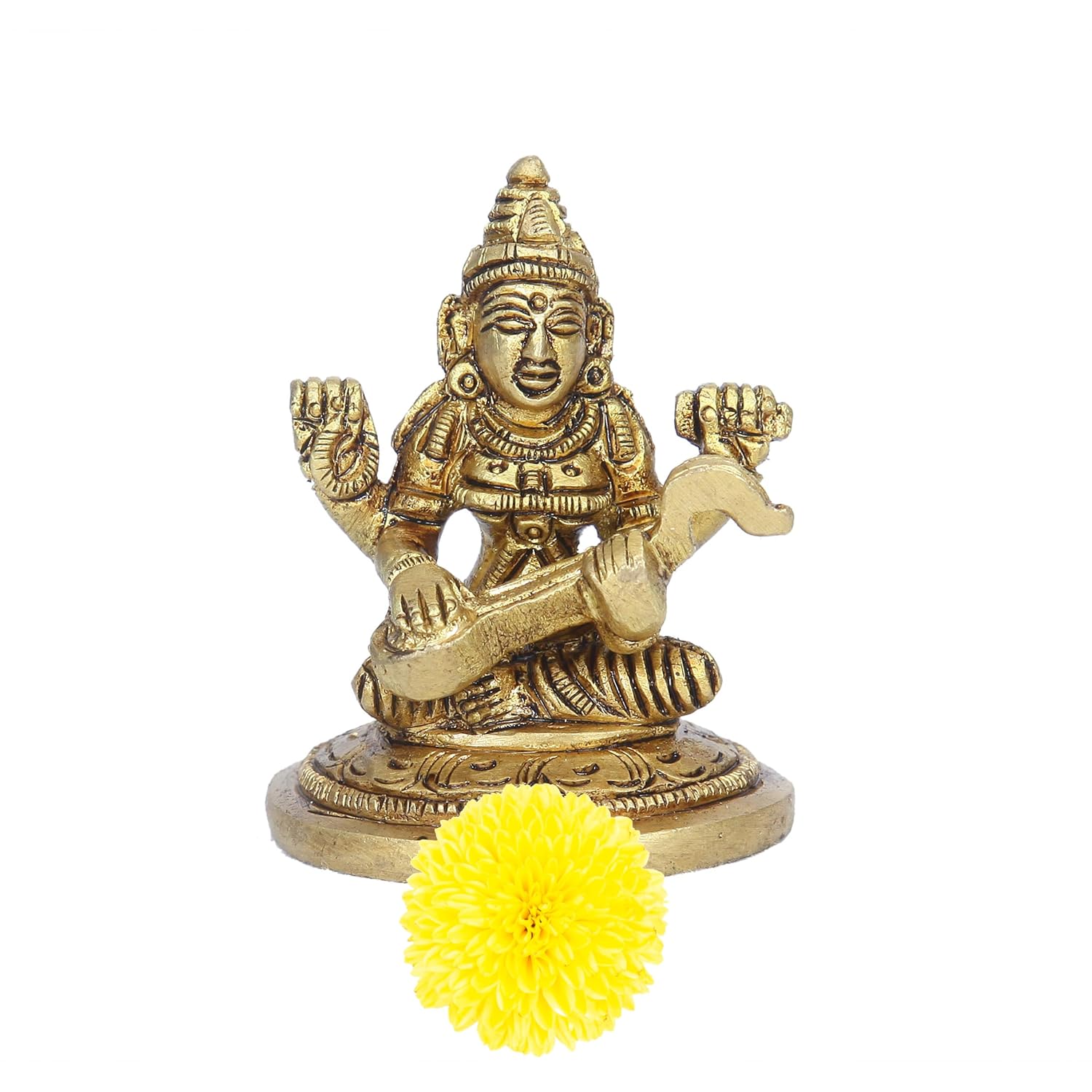 Divine Artz | Saraswati Idol | Saraswati Idol Small | Saraswati Idol Brass, 5.5Cm Height, Gold Colour, 1 Piece