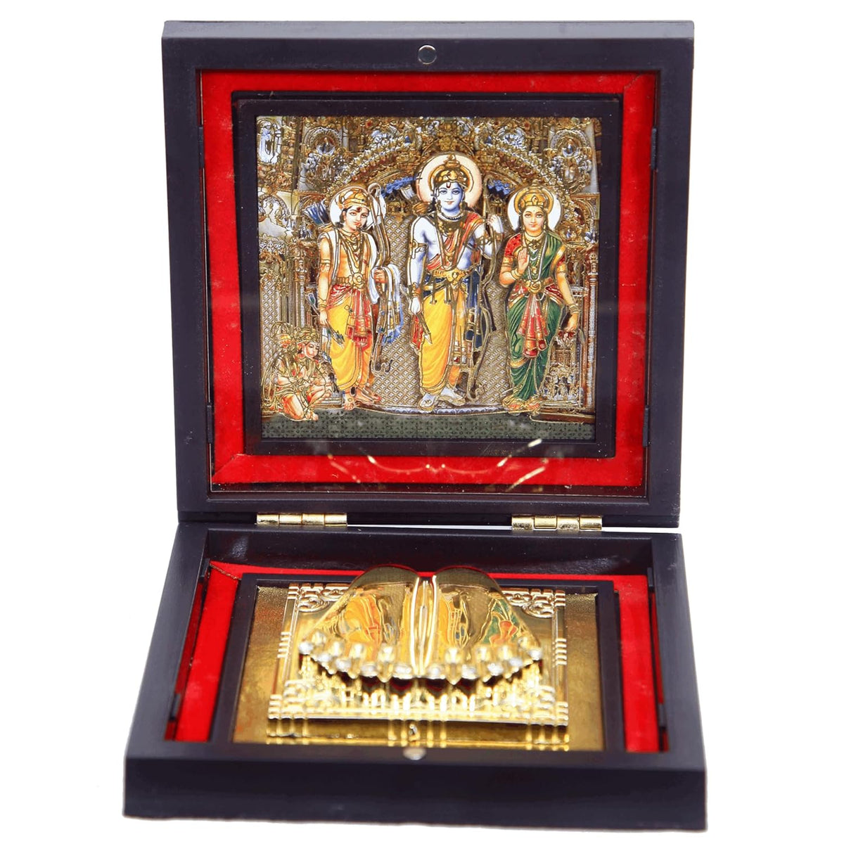 Divine Artz | Ram Darbar Pocket Temple | Ram Darbar Pocket Temple Box with Charan Paduka Square Shaped, Gold Plated,1 Piece