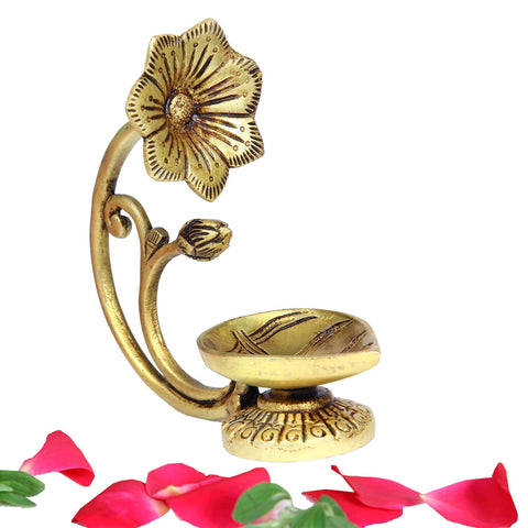 Divine Artz | Antique Brass Flower Diya | Antique Brass Deepam | Antique Diya Brass 14.5cm Height, Gold Colour(1 Piece)