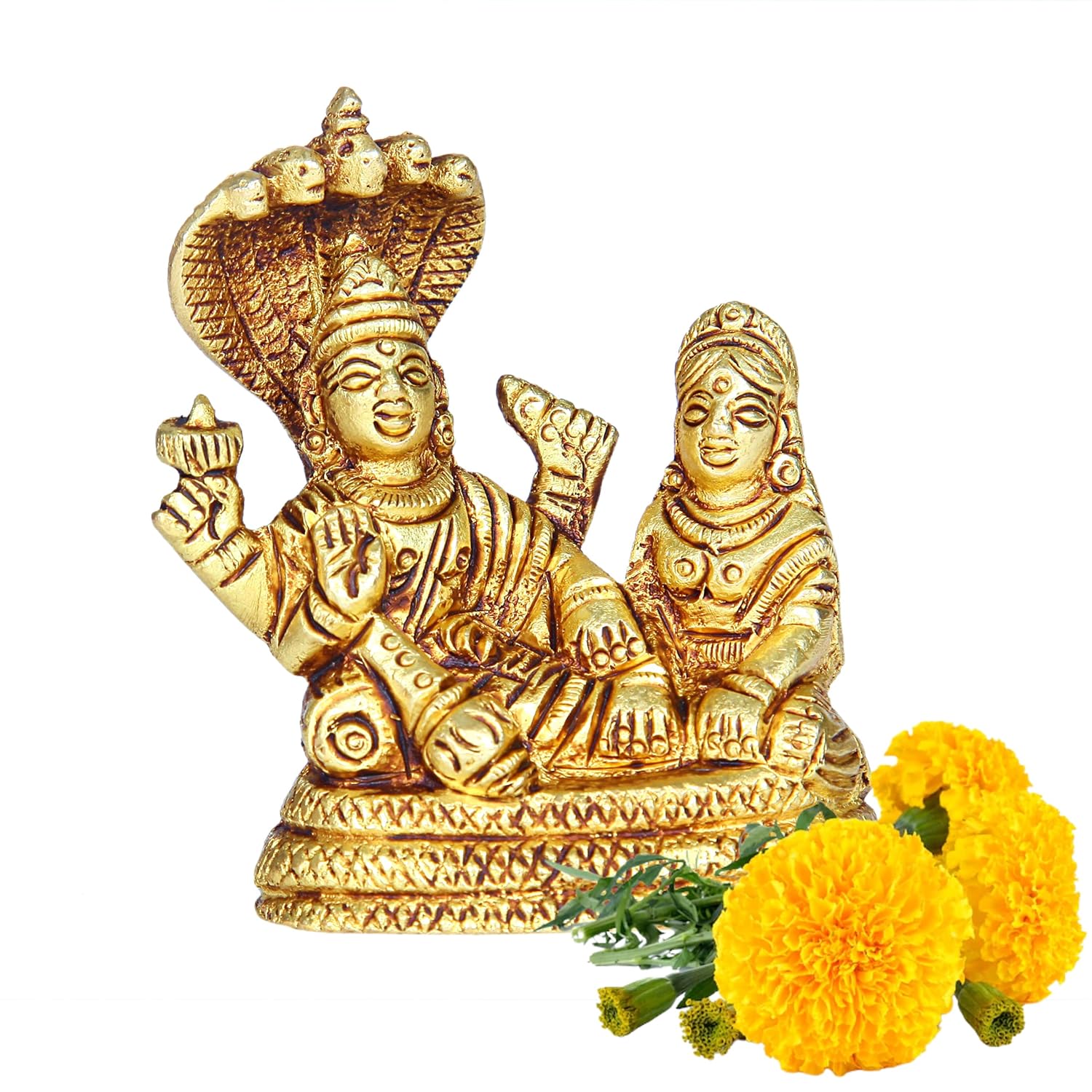 Divine Artz | Ranganatha Perumal Lakshmi Thayar Statue | Sheshnag Vishnu Laxmi Idol | Vishnu Lakshmi Idol Brass, 7cm Height, Gold Colour - (1 Piece)