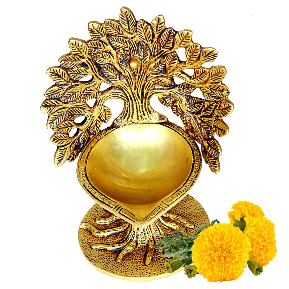 Divine Artz | Karpaga Viruksham Tree Vilakku Brass | Kalpavriksha Tree Diya | Kalpavriksha Tree Lamp Brass, 18cm Height, Gold Colour - (1 Piece)