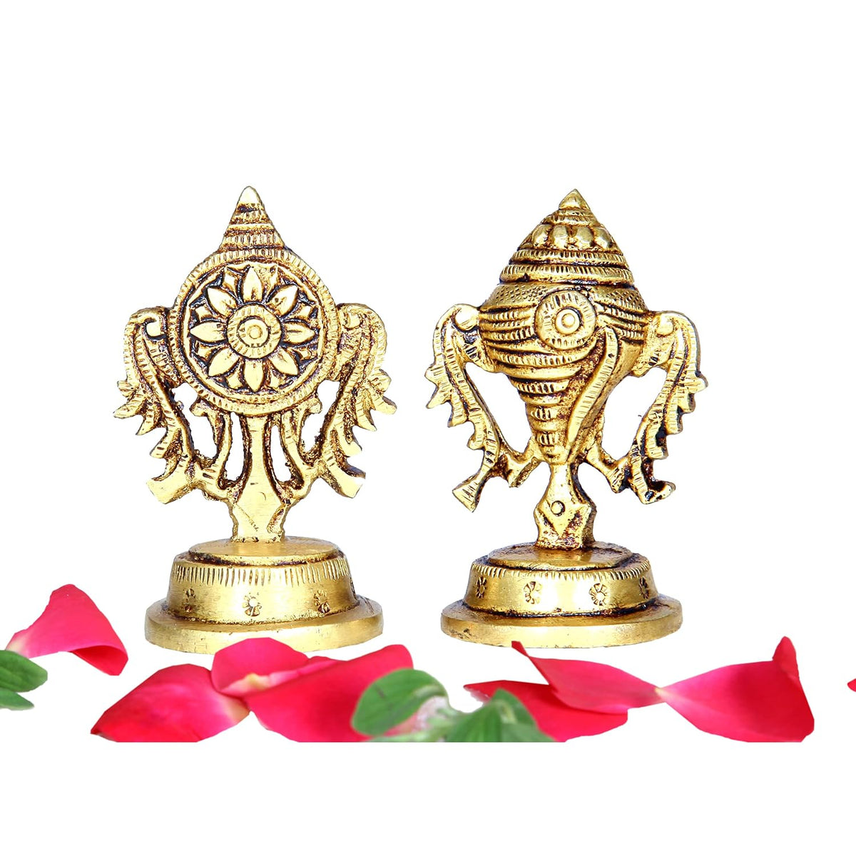 Divine Artz | Brass Small Shankh Chakra Set | Small Sangu Chakram Set 5.8cm Height, Gold Colour - 1 Set(1 Piece Brass Shankh + 1 Piece Brass Chakra)