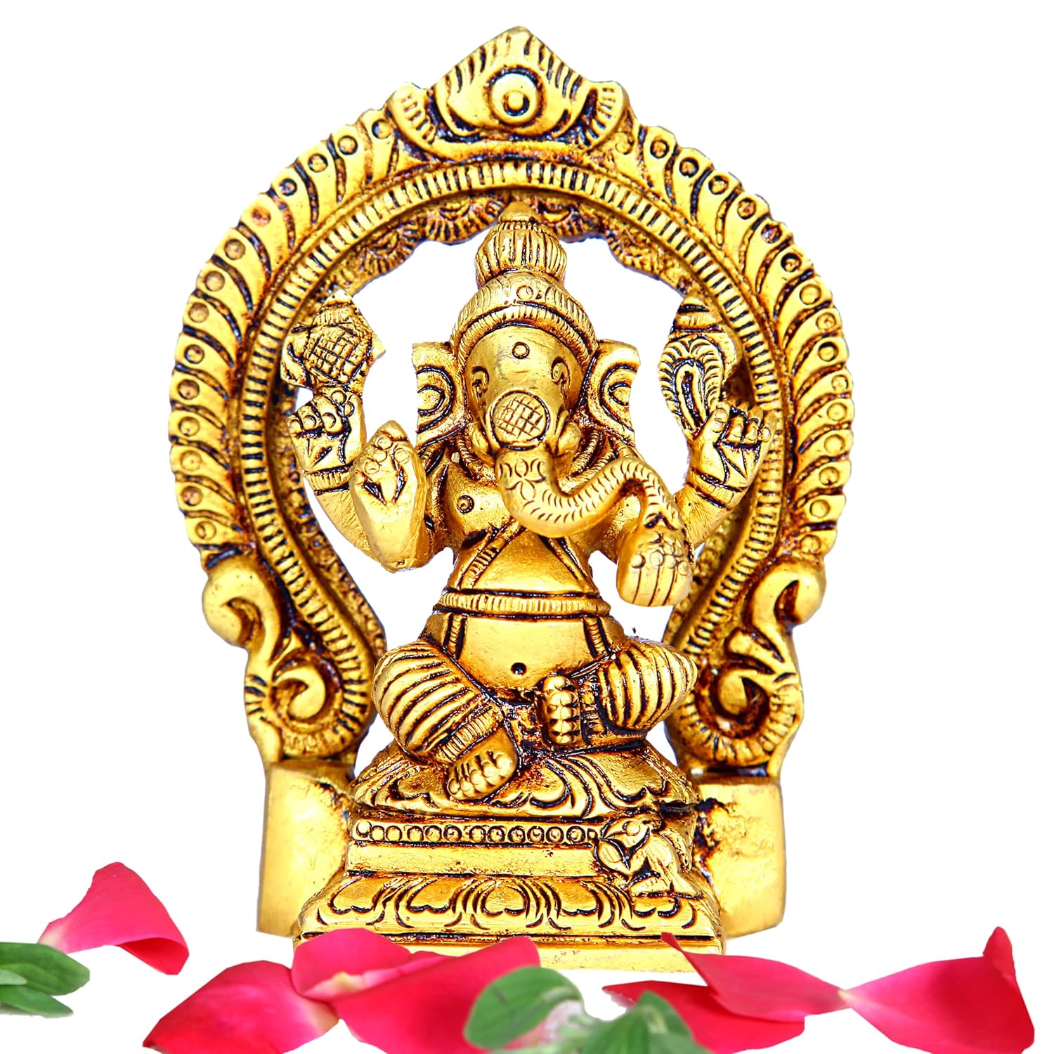 Divine Artz | Ganesh Brass Idol with Arch| Ganesh Brass Idol Small | Ganapathi Statue Small Brass, 9cm Height, Gold Colour - (1 Piece)