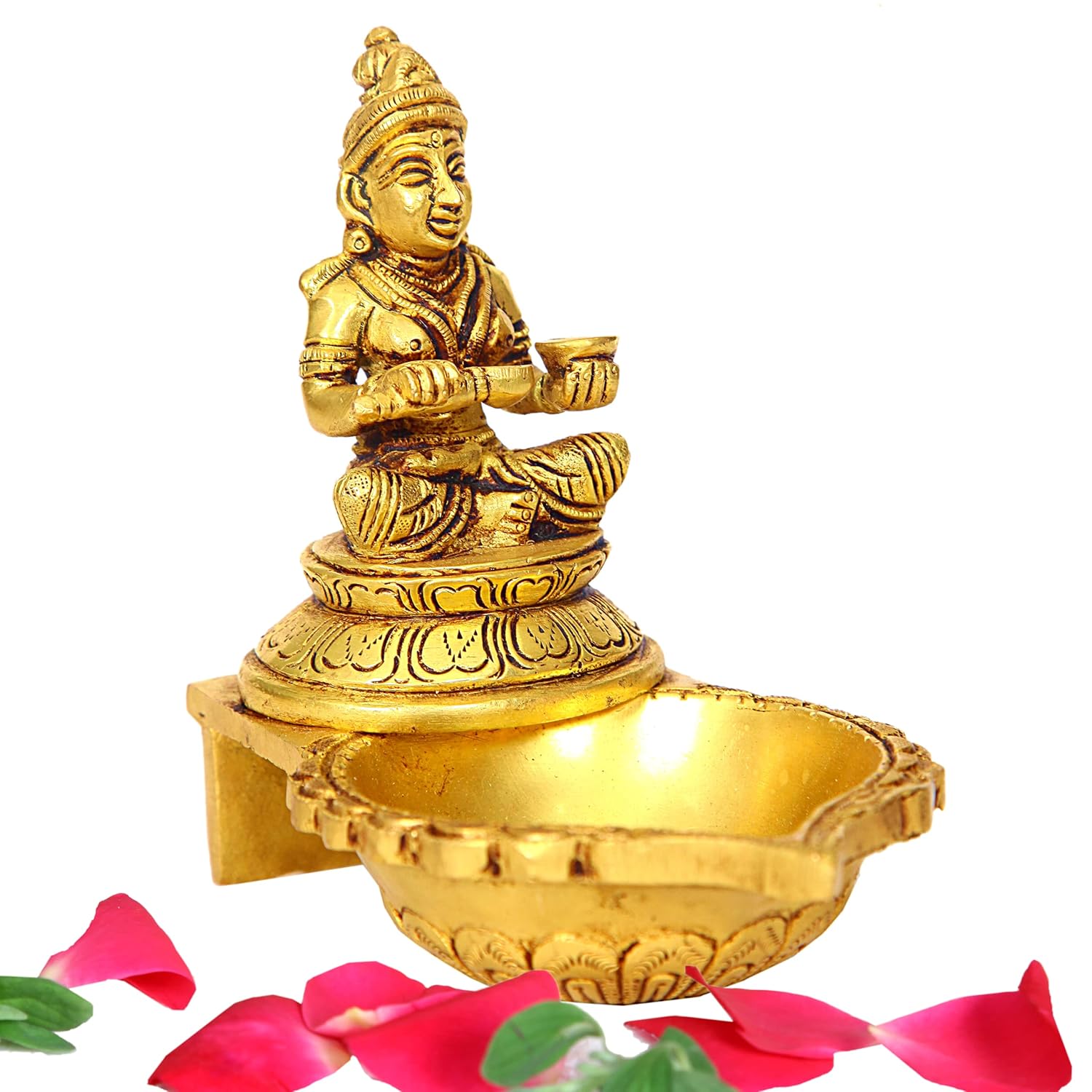 Divine Artz | Annapoorani Deepam with Annapoorani Statue | Annapurna Devi Deepam Brass | Annapurani Vilakku with Statue 13 CM Height Brass Gold Colour 1 Piece