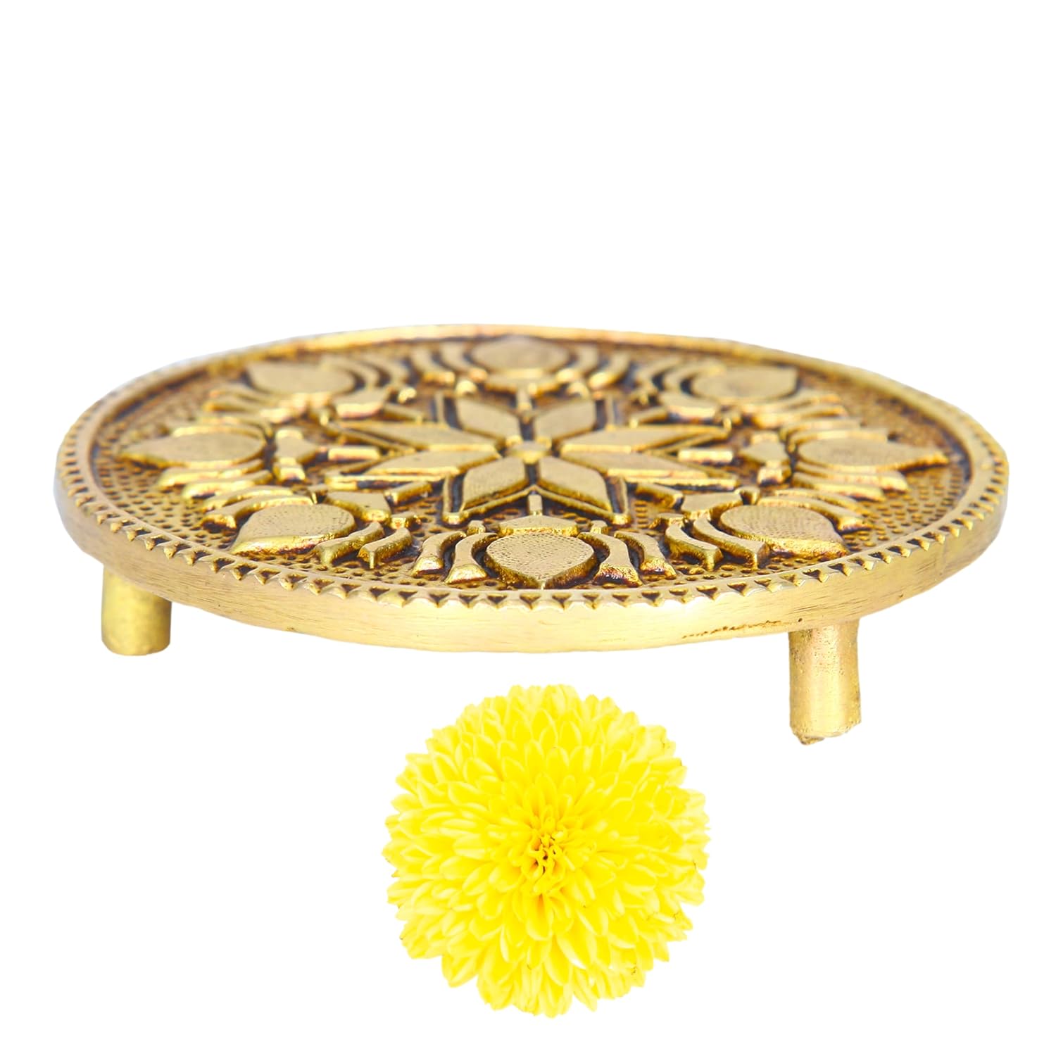 Divine Artz | Round Chowki | Pooja Chowki Round | Round Brass Chowki, Brass, Gold Colour, 1 Piece (9.5 CM Diameter)