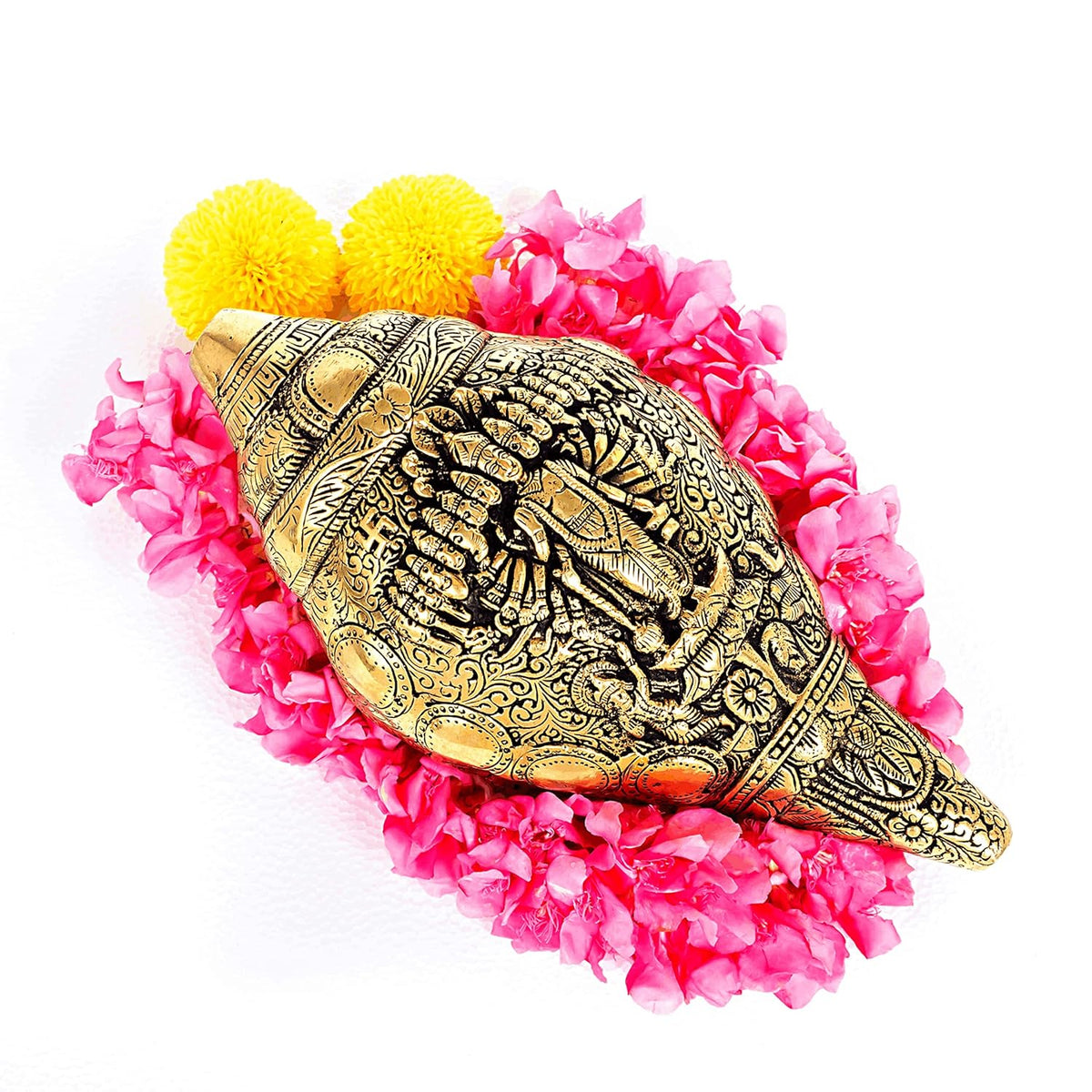 Divine Artz | Antique Finish Brass Vishu Shankh | Premium Brass Vishnu Virat Shankh 2Kg, Height 23.5cm, Antique, Gold Colour(1 Piece)