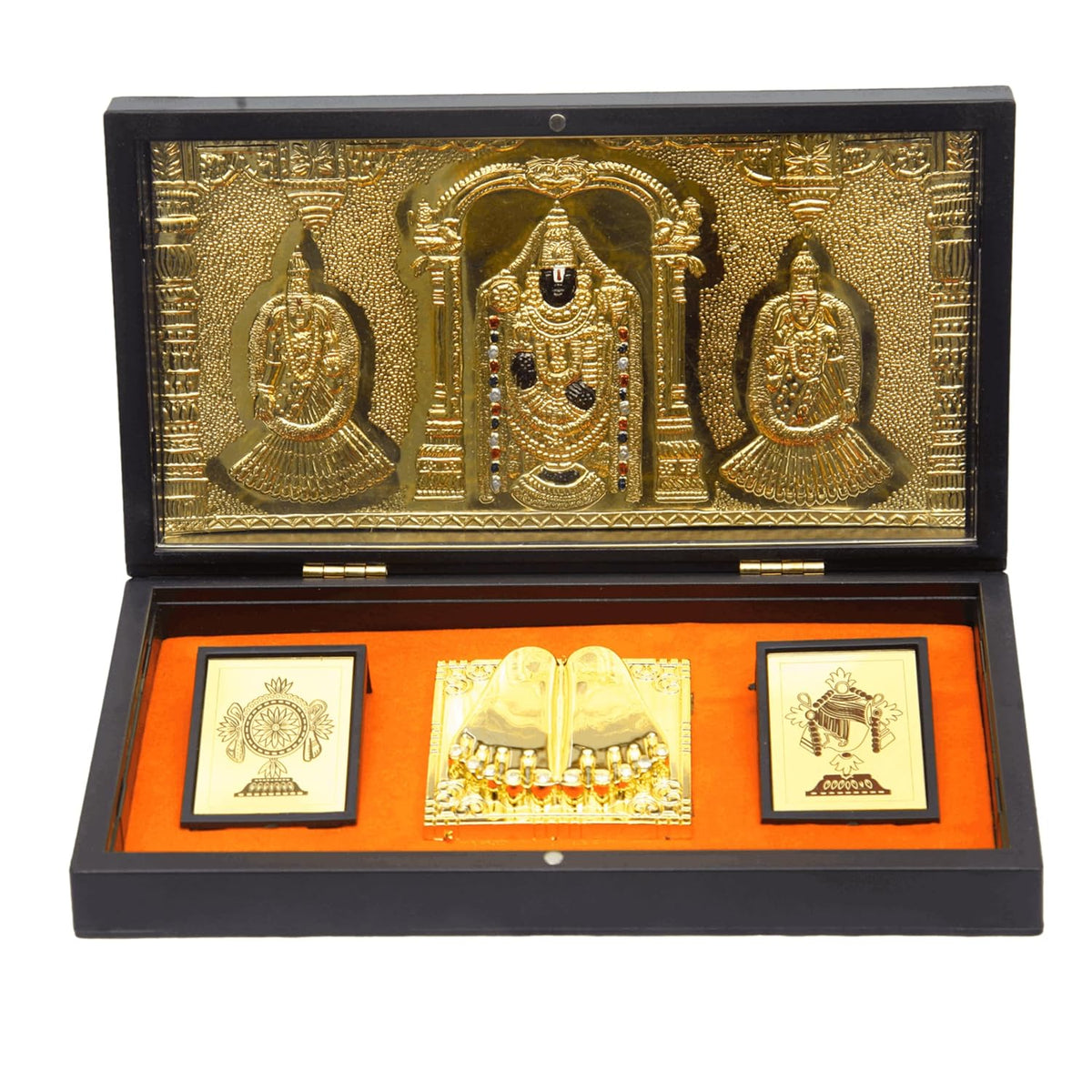 Divine Artz | Tirupati Balaji Pocket Temple | Balaji Pocket Temple Box with Charan Paduka Rectangle Shaped, Gold Plated, 1 Piece