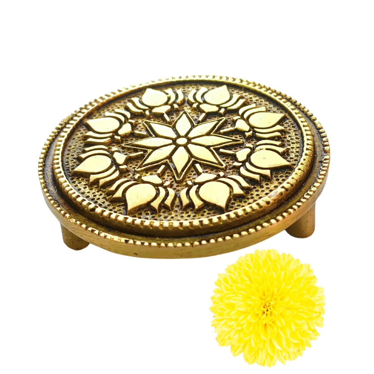 Divine Artz | Round Chowki | Pooja Chowki Round | Round Brass Chowki, Brass, Gold Colour, 1 Piece (6 CM Diameter)