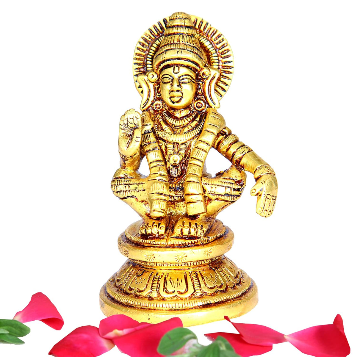 Divine Artz |  Lord Ayyappa Idol | Ayyappa God Idol | Lord Ayyappa Brass Idol | Ayyappa Swamy Idol Metal | Ayyappa Idol Brass, 9 CM Height, Gold Colour 1 Piece