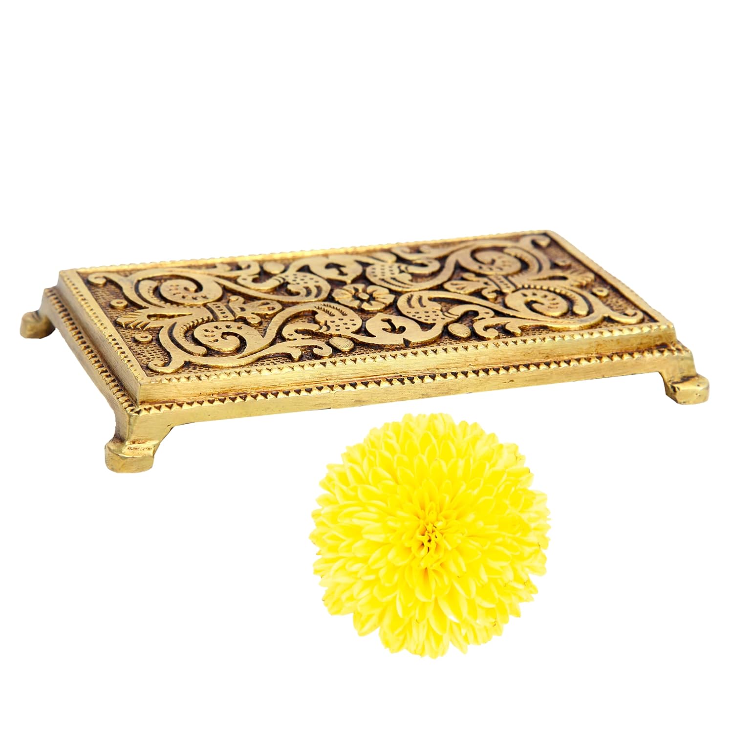 Divine Artz | Pooja Chowki Rectangle Shape | Pooja Chowki Rectangle | Brass Chowki, Brass, Gold Colour, 1 Piece (7 X 3.5 CM)