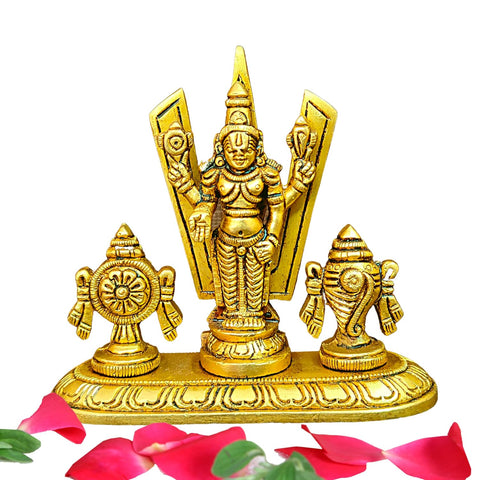 Divine Artz |  Brass Small Sangu Chakram Stand with Tirupati Balaji Idol, 9Cm Height, Gold (1 Piece)