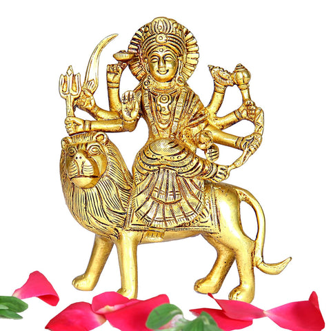 Divine Artz | Durga Maa Idol | Maa Durga Idol | Vaah Maa Durga Idol | Kolkata Durga Maa Idol Brass, Height 15 CM Gold Colour 1 Piece