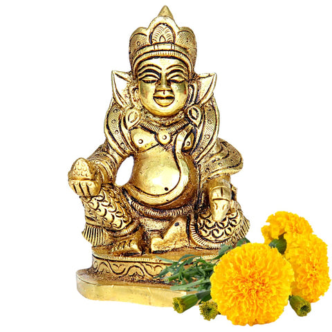 Divine Artz | Kubera Statue Brass | Kuber Statue | Solo Kuber Murti Brass, 9.5cm Height, Gold Colour - (1 Piece)