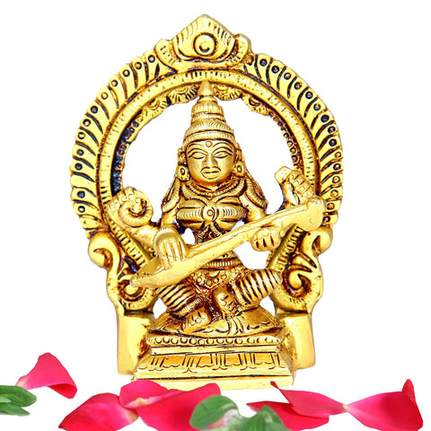 Divine Artz | Brass Lord Saraswati Idol, 9Cm Height, Gold (1 Piece)