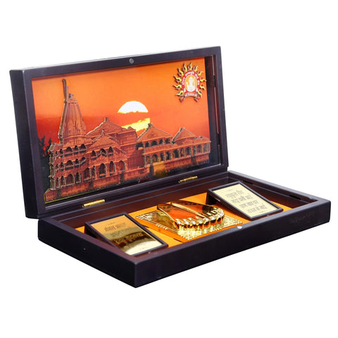 Divine Artz | Ram Mandir Pocket Temple | Ayodhya Ram Mandir Pocket Temple with Charan Paduka Rectangle Shaped, Gold Plated, 1 Piece