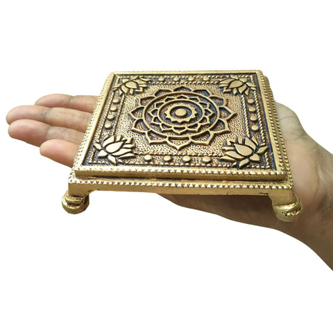 Divine Artz | Brass Pooja Chowki Square with Lotus Design | Sqaure Brass Chowki for Puja, Brass, Gold Colour, 1 Piece (1 Step Chowki)