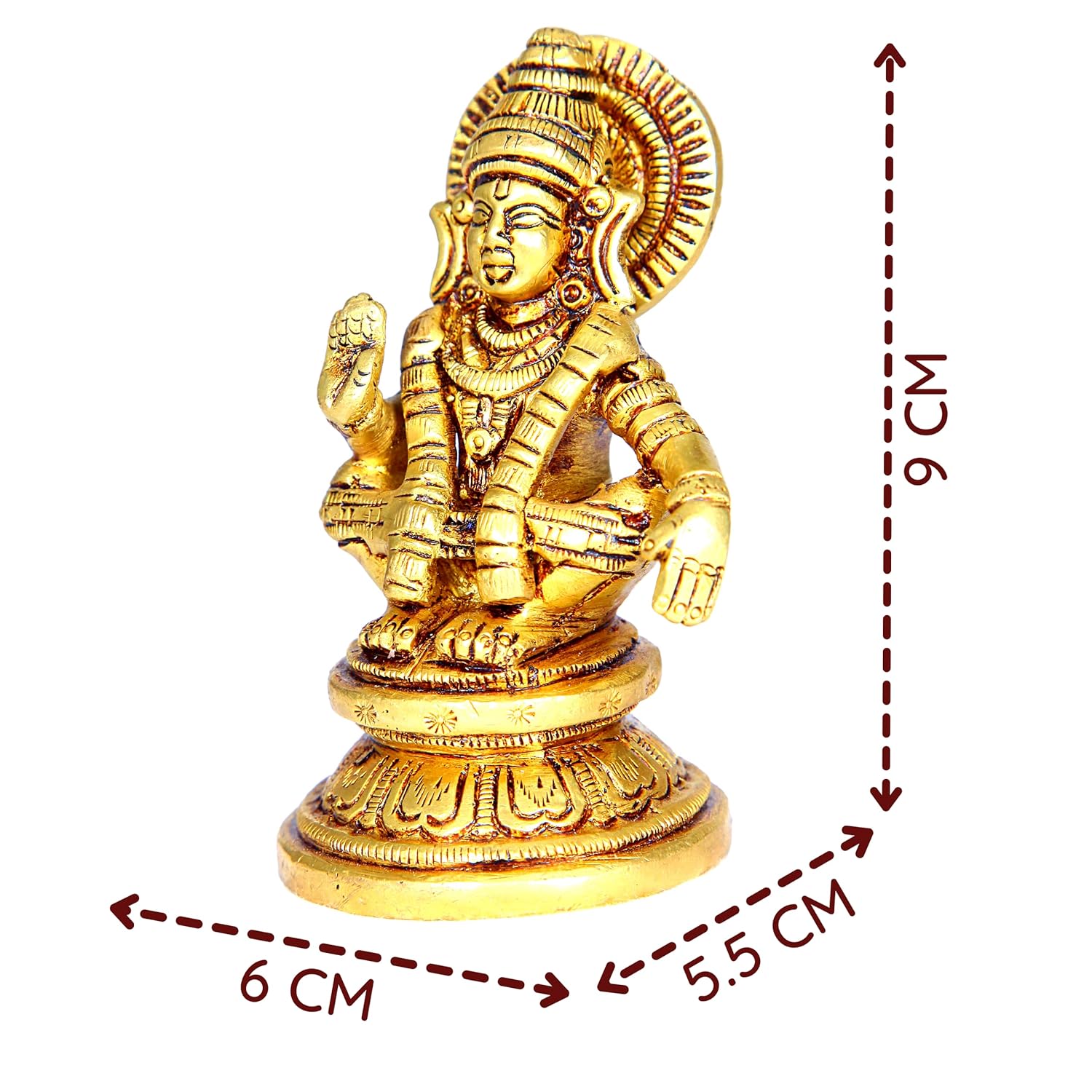 Divine Artz |  Lord Ayyappa Idol | Ayyappa God Idol | Lord Ayyappa Brass Idol | Ayyappa Swamy Idol Metal | Ayyappa Idol Brass, 9 CM Height, Gold Colour 1 Piece