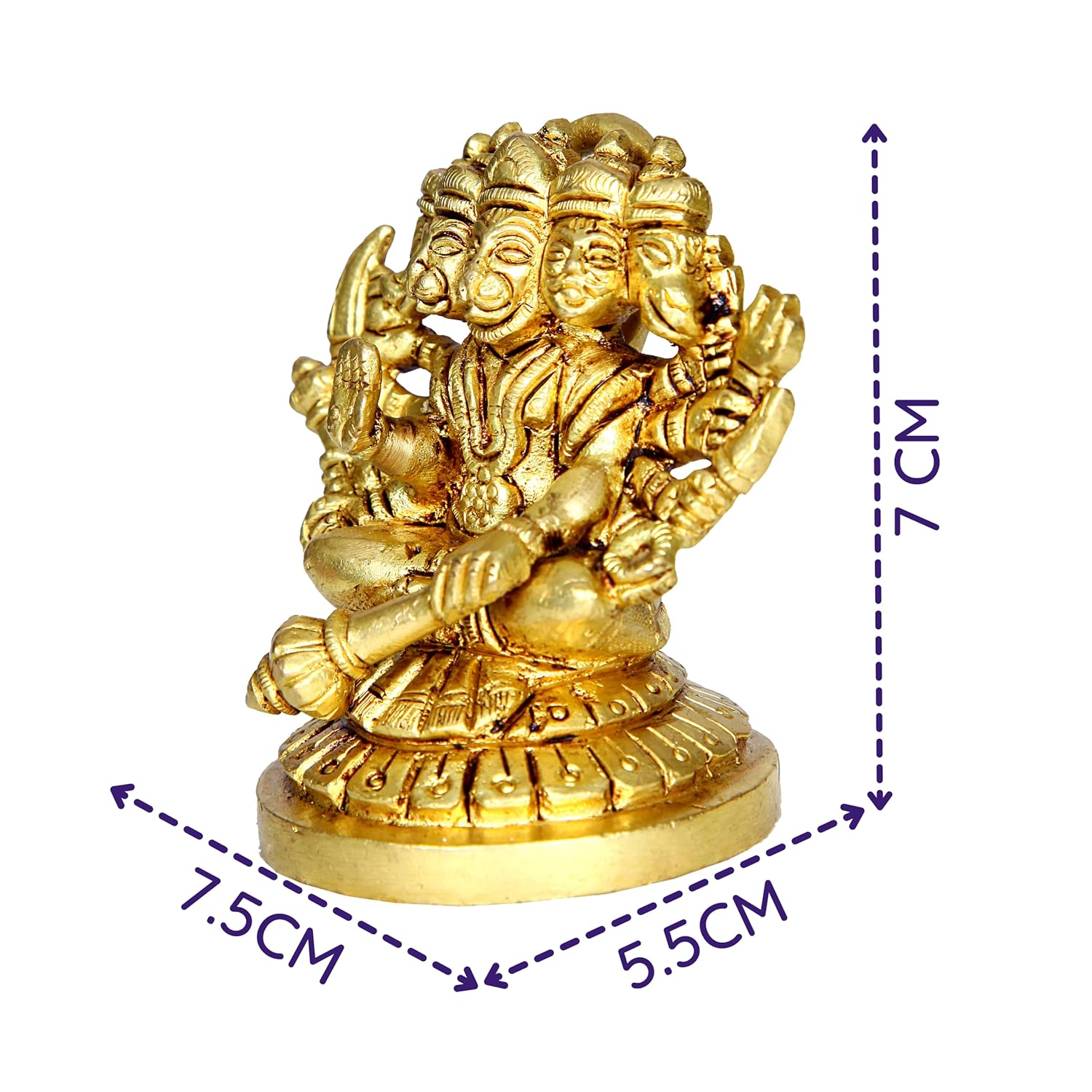 Divine Artz | Panchmukha Hanuman Sitting Brass Idol | Sitting Panchmukhi Hanuman Brass Statue | Sitting Brass Panchmukhi Hanuman 7cm Height, Gold Colour(1 Piece)