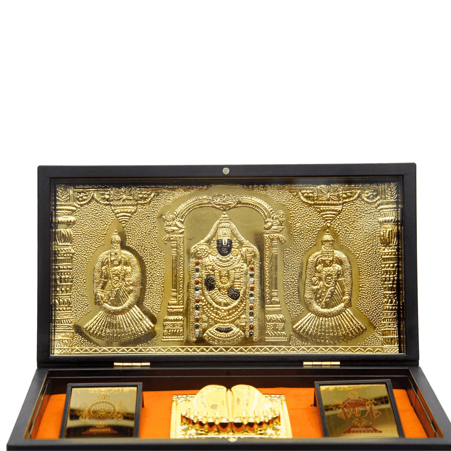 Divine Artz | Tirupati Balaji Pocket Temple | Balaji Pocket Temple Box with Charan Paduka Rectangle Shaped, Gold Plated, 1 Piece