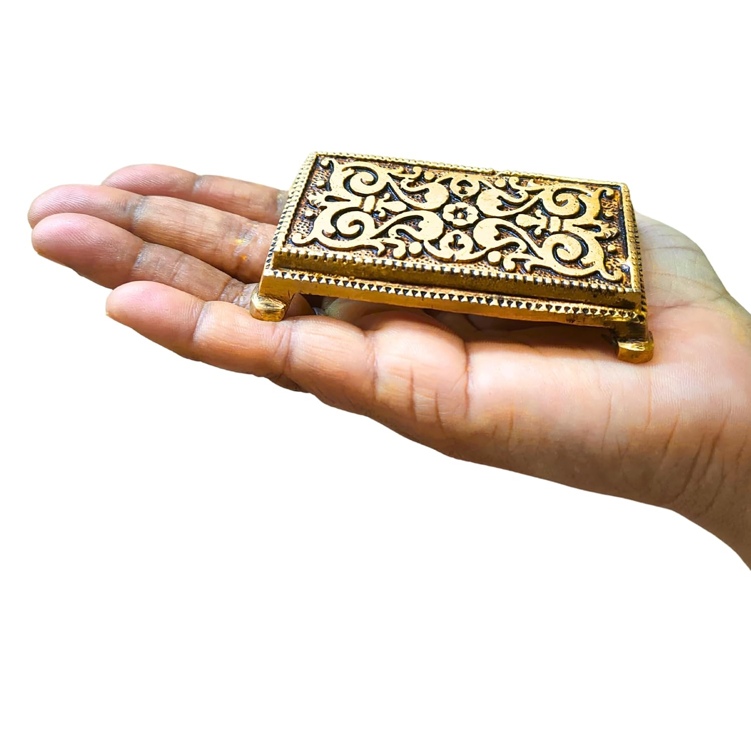 Divine Artz | Pooja Chowki Rectangle Shape | Pooja Chowki Rectangle | Brass Chowki, Brass, Gold Colour, 1 Piece (7 X 3.5 CM)