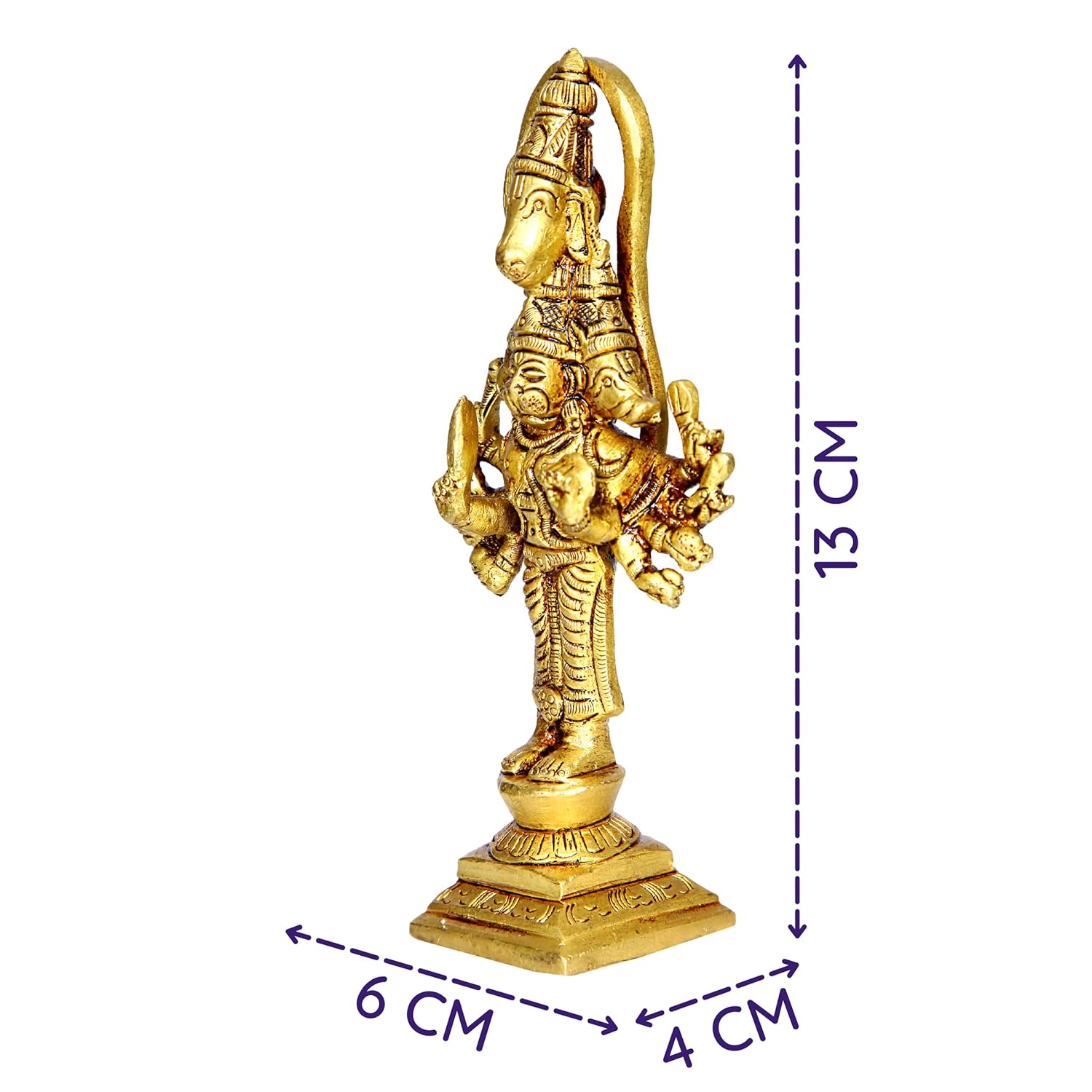 Divine Artz | Panchmukha Hanuman Standing Brass Idol | Standing Panchmukhi Hanuman Brass Statue | Standing Brass Panchmukhi Hanuman 13cm Height, Gold Colour(1 Piece)