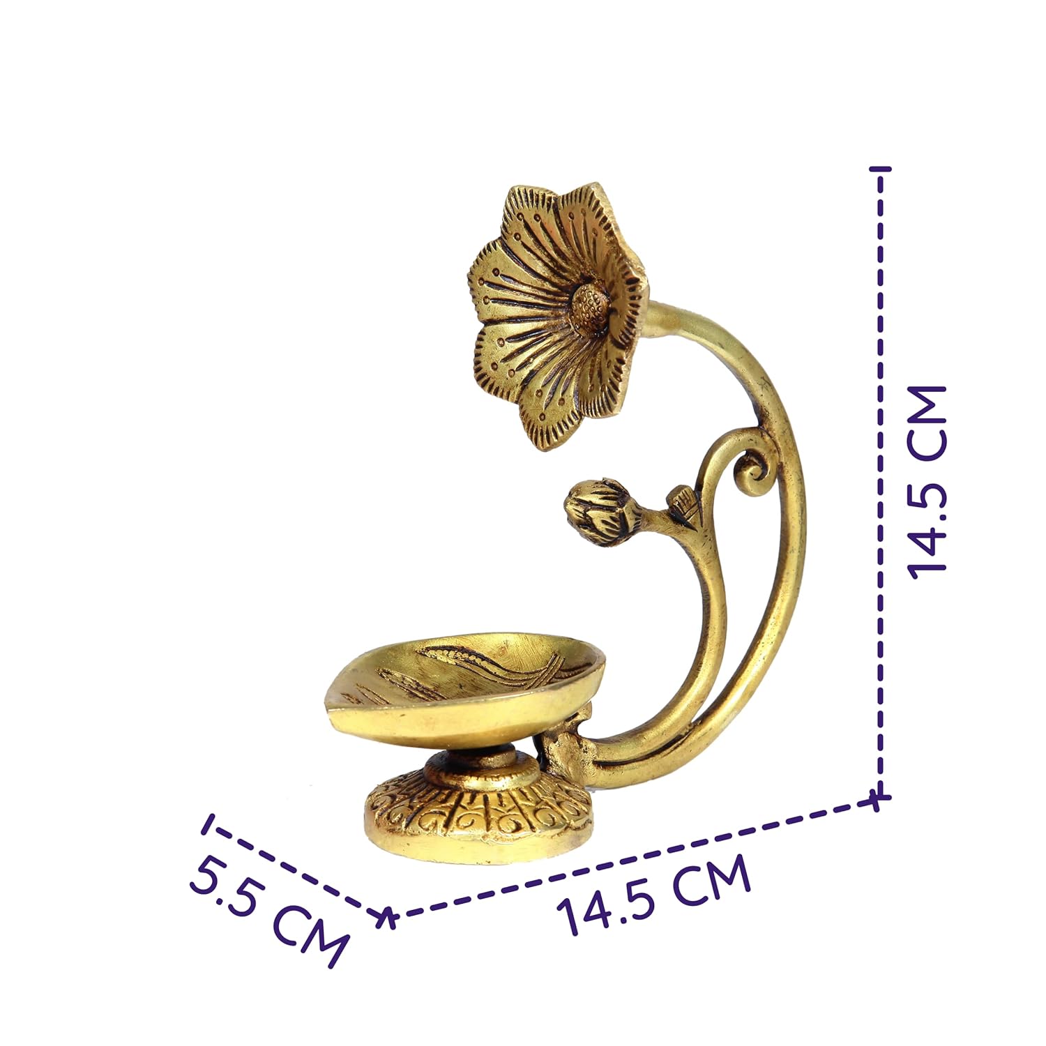 Divine Artz | Antique Brass Flower Diya | Antique Brass Deepam | Antique Diya Brass 14.5cm Height, Gold Colour(1 Piece)