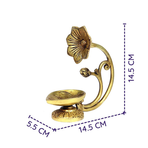 Divine Artz | Antique Brass Flower Diya | Antique Brass Deepam | Antique Diya Brass 14.5cm Height, Gold Colour(1 Piece)