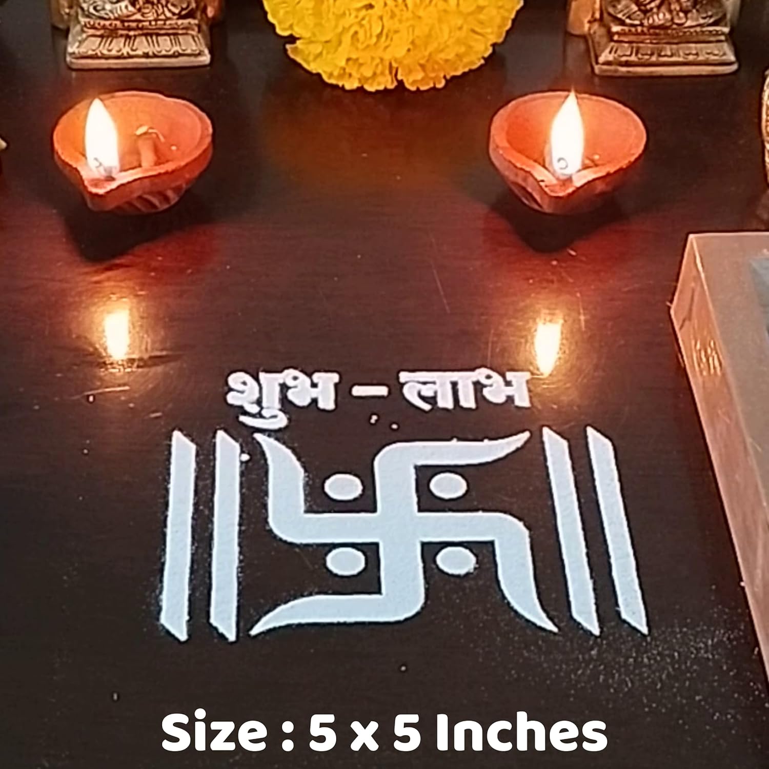 Divine Artz | Swastik Shub Labh Rangoli Stencil Wooden, Rangoli Sacha Wooden, 1 Piece (5x5 Inches)