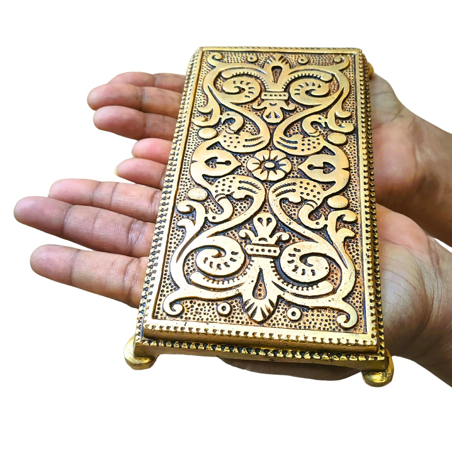 Divine Artz | Pooja Chowki Rectangle Shape | Pooja Chowki Rectangle | Brass Chowki, Brass, Gold Colour, 1 Piece (14 X 7.5 CM)