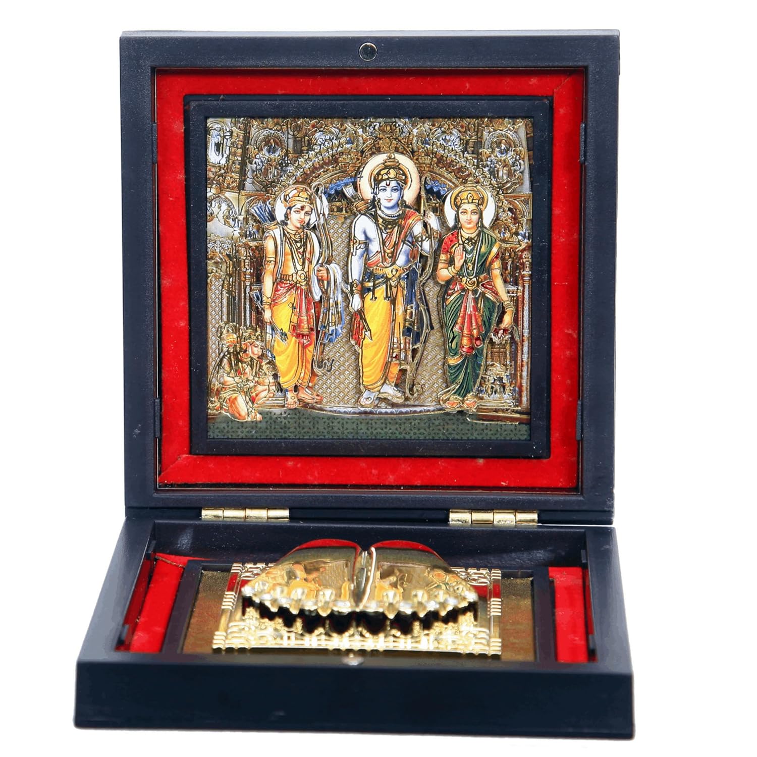 Divine Artz | Ram Darbar Pocket Temple | Ram Darbar Pocket Temple Box with Charan Paduka Square Shaped, Gold Plated,1 Piece