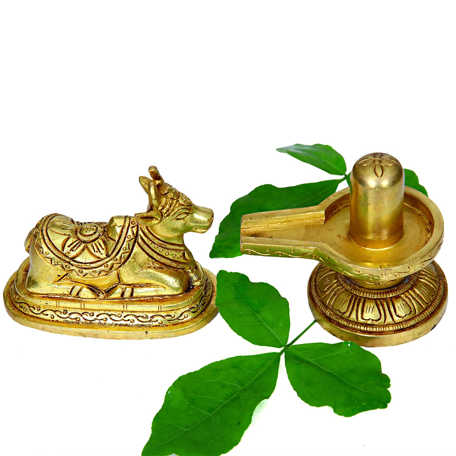 Divine Artz | Brass Shivling with Nandi Idol, Medium, Gold Colour - (2 Piece Combo)