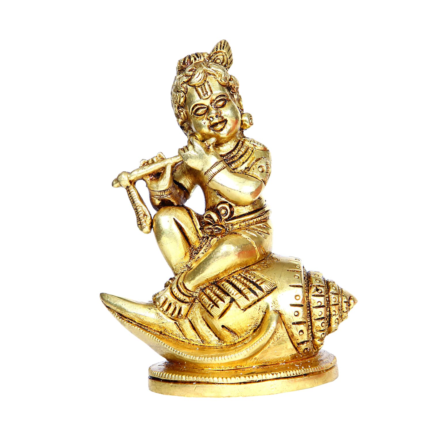 Divine Artz | Shankh Balakrishna Idol Brass | Brass Shank Balakrishna Statue | Shank Krishna Sitting Statue 11.5cm Gold Colour - (1 Piece)