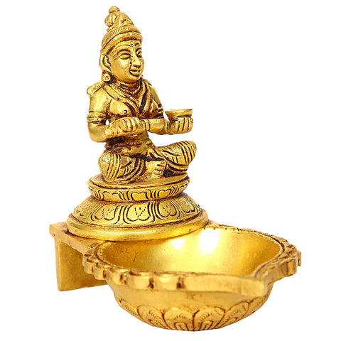 Divine Artz | Annapoorani Deepam with Annapoorani Statue | Annapurna Devi Deepam Brass | Annapurani Vilakku with Statue 13 CM Height Brass Gold Colour 1 Piece