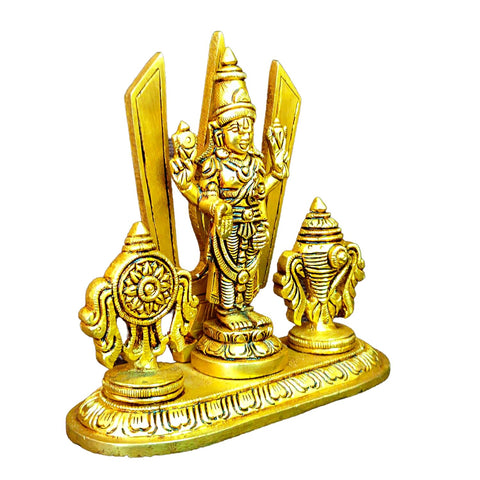 Divine Artz |  Brass Shankh Chakra Stand with Perumal Idol | Sangu Chakram Stand with Tirupati Balaji Idol | Tirupati Balaji Murti Brass, Height 12.5 CM Gold Colour 1 Piece