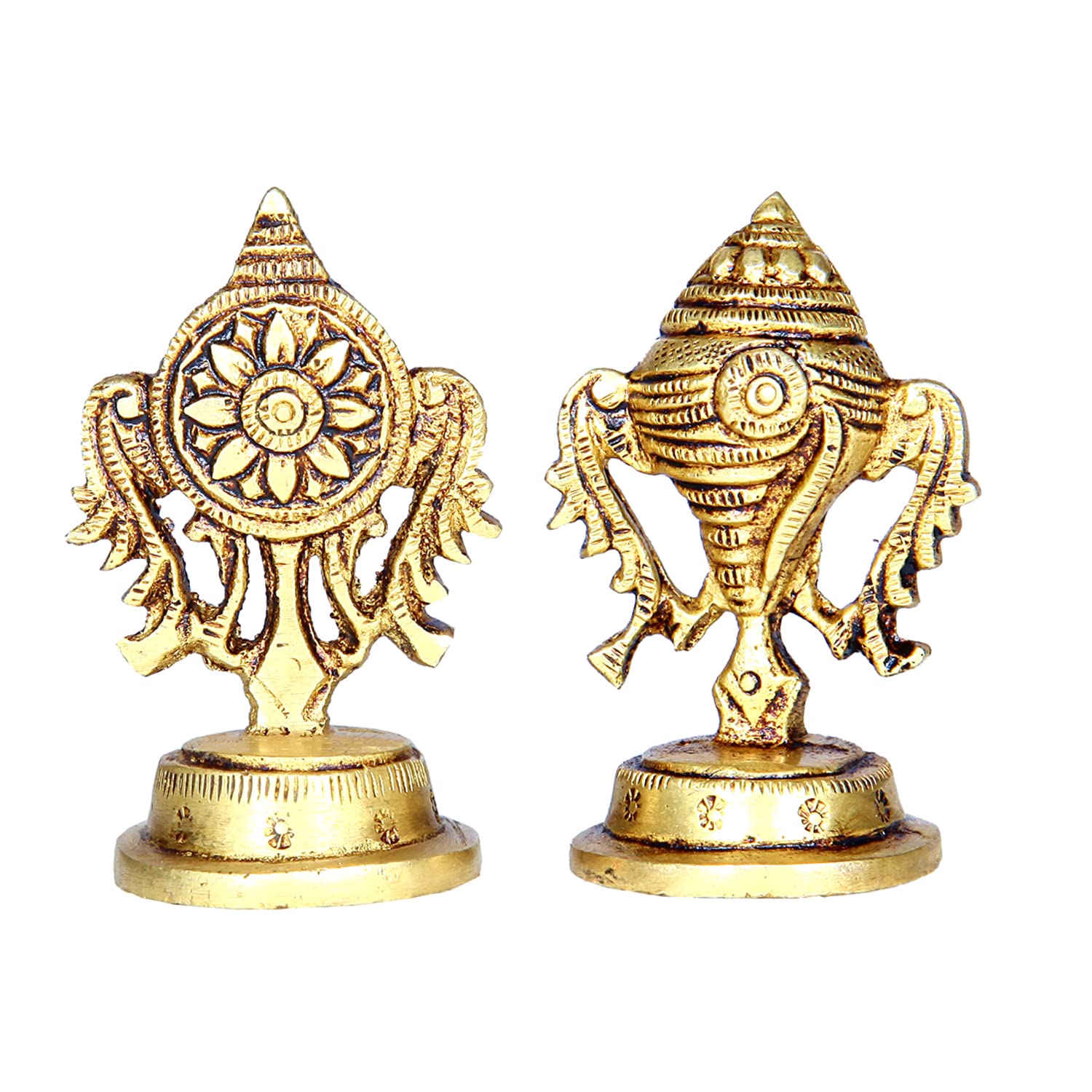 Divine Artz | Brass Small Shankh Chakra Set | Small Sangu Chakram Set 5.8cm Height, Gold Colour - 1 Set(1 Piece Brass Shankh + 1 Piece Brass Chakra)