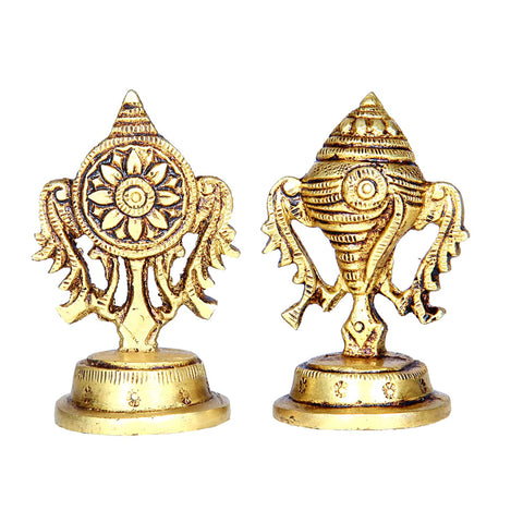 Divine Artz | Brass Small Shankh Chakra Set | Small Sangu Chakram Set 5.8cm Height, Gold Colour - 1 Set(1 Piece Brass Shankh + 1 Piece Brass Chakra)