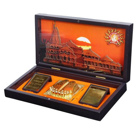 Divine Artz | Ram Mandir Pocket Temple | Ayodhya Ram Mandir Pocket Temple with Charan Paduka Rectangle Shaped, Gold Plated, 1 Piece