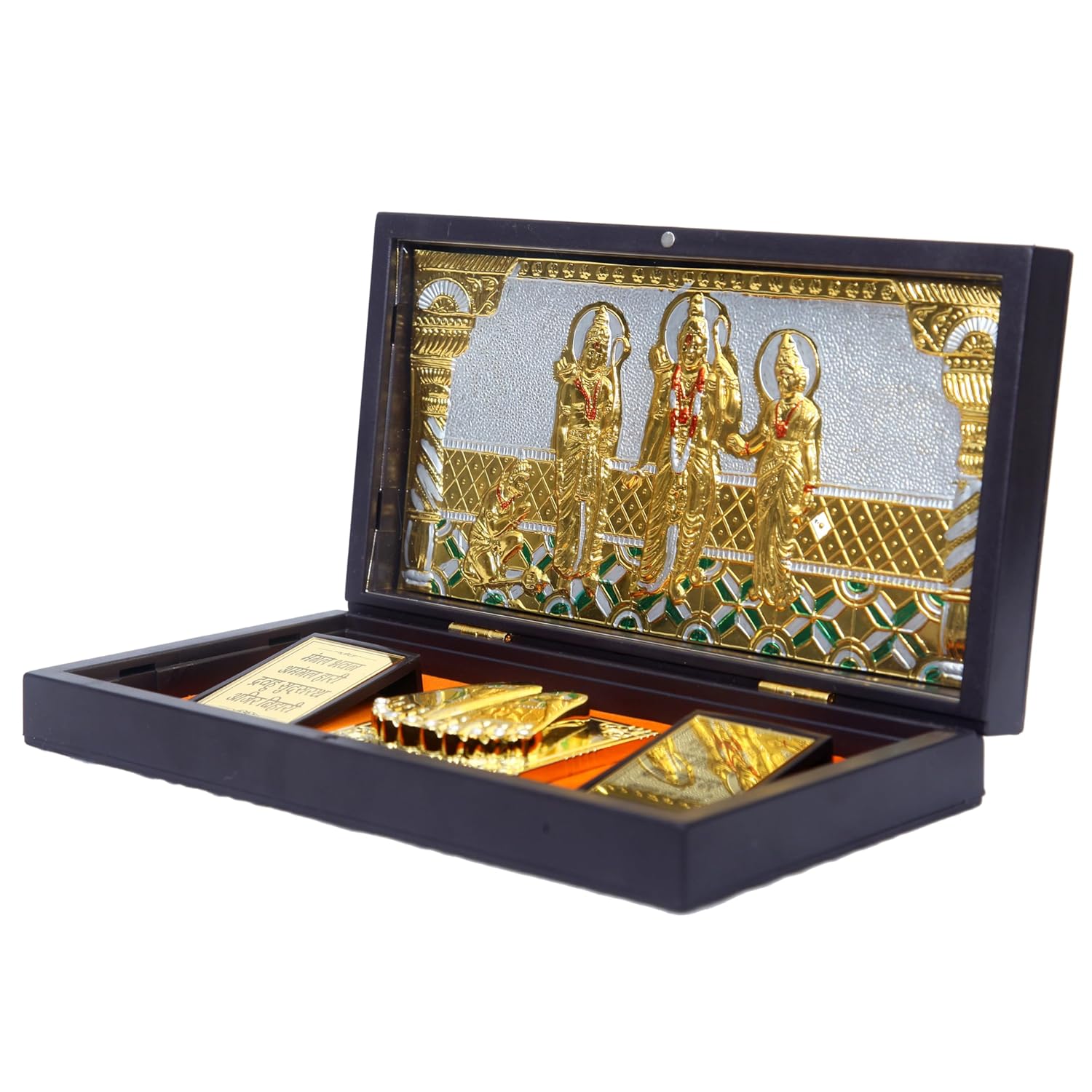 Divine Artz | Ram Darbar Pocket Temple | Ram Darbar Pocket Temple Box with Charan Paduka Rectangle Shaped, Gold Plated, 1 Piece