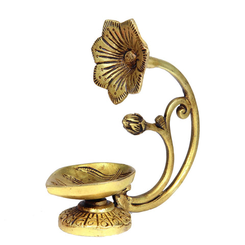 Divine Artz | Antique Brass Flower Diya | Antique Brass Deepam | Antique Diya Brass 14.5cm Height, Gold Colour(1 Piece)