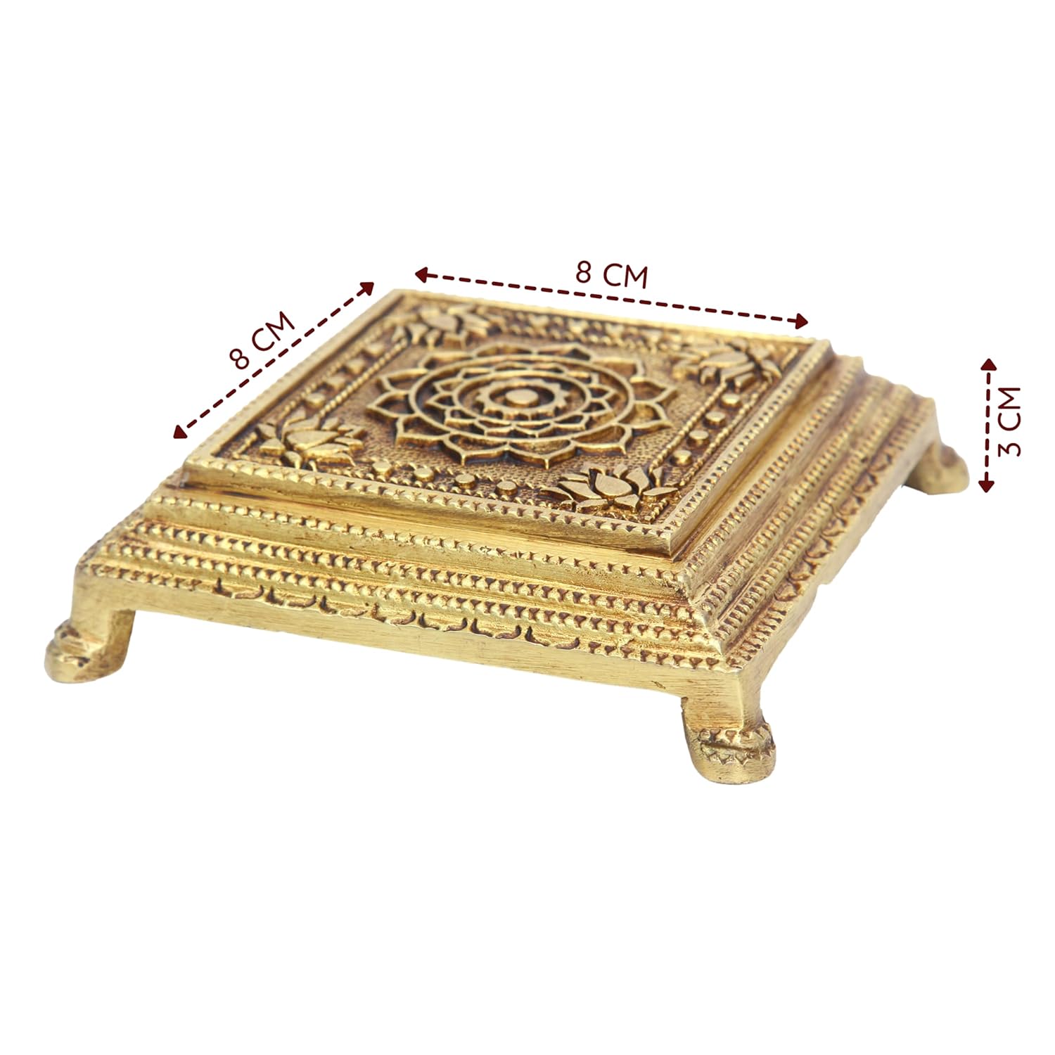 Divine Artz | Brass Pooja Chowki Square with Lotus Design | Sqaure Brass Chowki for Puja, Brass, Gold Colour, 1 Piece (4 Step Chowki)