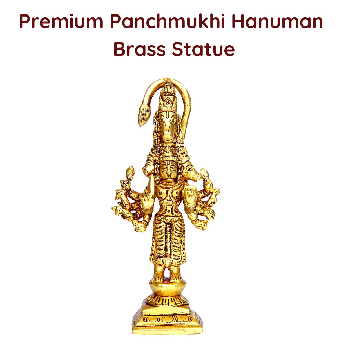 Divine Artz | Panchmukha Hanuman Standing Brass Idol | Standing Panchmukhi Hanuman Brass Statue | Standing Brass Panchmukhi Hanuman 13cm Height, Gold Colour(1 Piece)